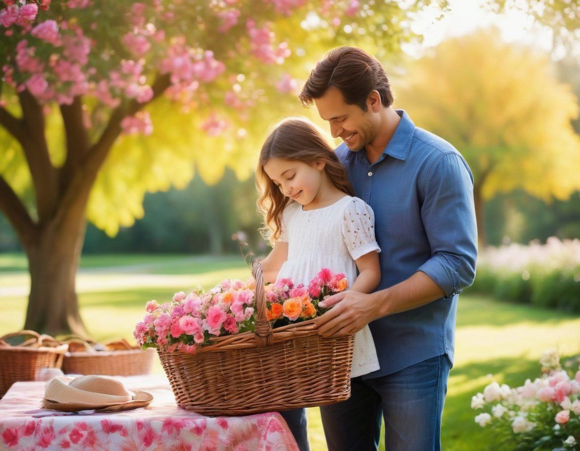 A heartfelt scene depicting a father and child sharing a warm hug in a sunlit park, surrounded by blooming flowers and a gentle breeze. In the background, a picnic basket is open with family photos scattered around, symbolizing memories being cherished. The focus is on their emotional connection, with soft smiles and glistening eyes. The setting is idyllic and welcoming, evoking feelings of love and reconciliation. soft-focus photography. warm colors. natural light.