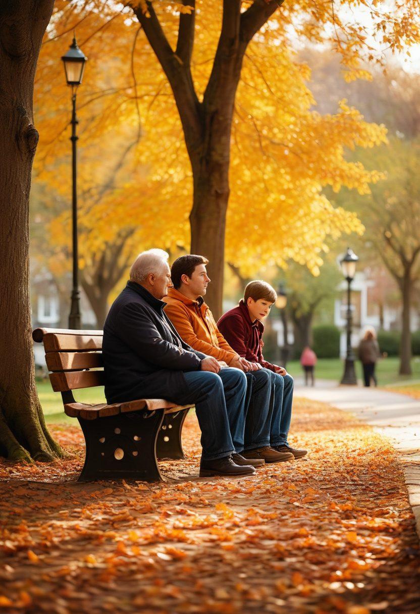 A poignant scene of a son and father sitting on a park bench, surrounded by trees in autumn colors, sharing a heartfelt conversation. The father looks thoughtful, while the son is listening intently, reflecting a mix of emotions in their expressions. Soft sunlight filters through the leaves, creating a warm atmosphere. In the background, hints of a family photo album are scattered on the bench, symbolizing reconnecting with family history. super-realistic. warm tones. soft focus.